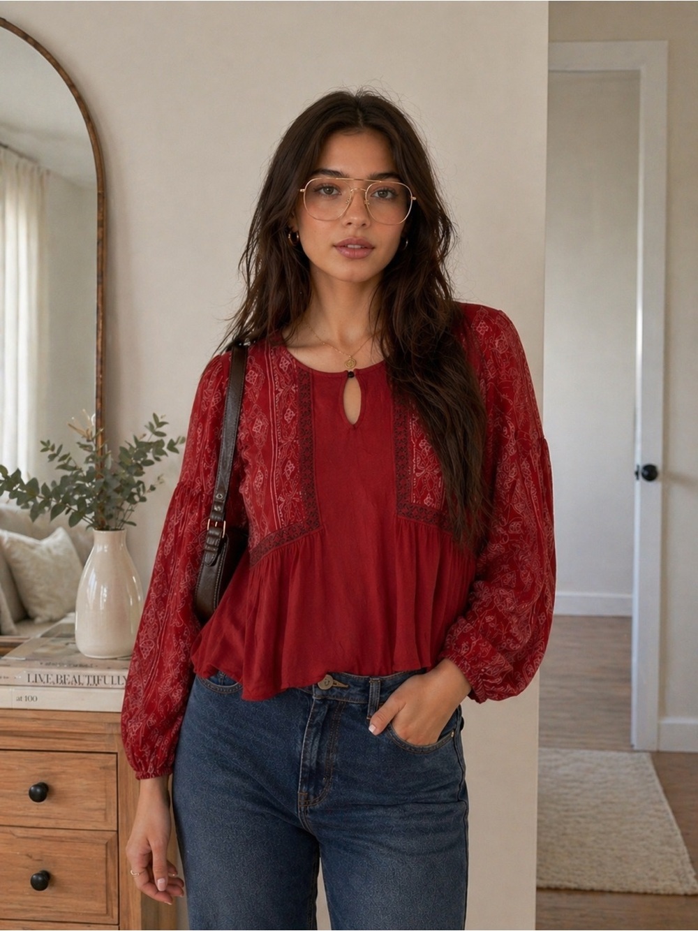 Boho Peasant Blouse with‎ Lace Insets